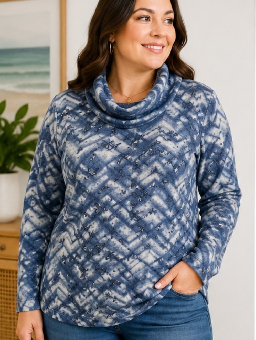 Sahaloe Butter Fleece Blue Patterned Cowl Neck Pullover Top Size 1X (Cc)